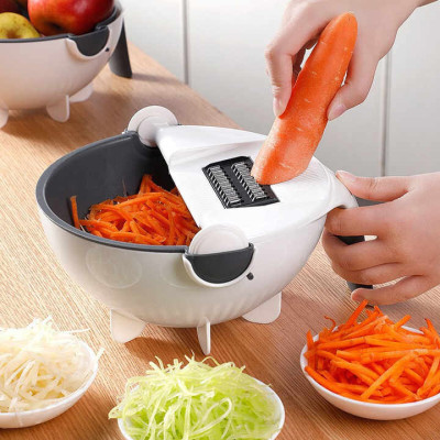 Maxwin Plastic Portable 7 in 1 Multi Function Rotate Vegetable Cutter Chopper Shredder Grater Slicer with Drain Basket Kitchen Tool with 5 Dicing Blades - Multicolour